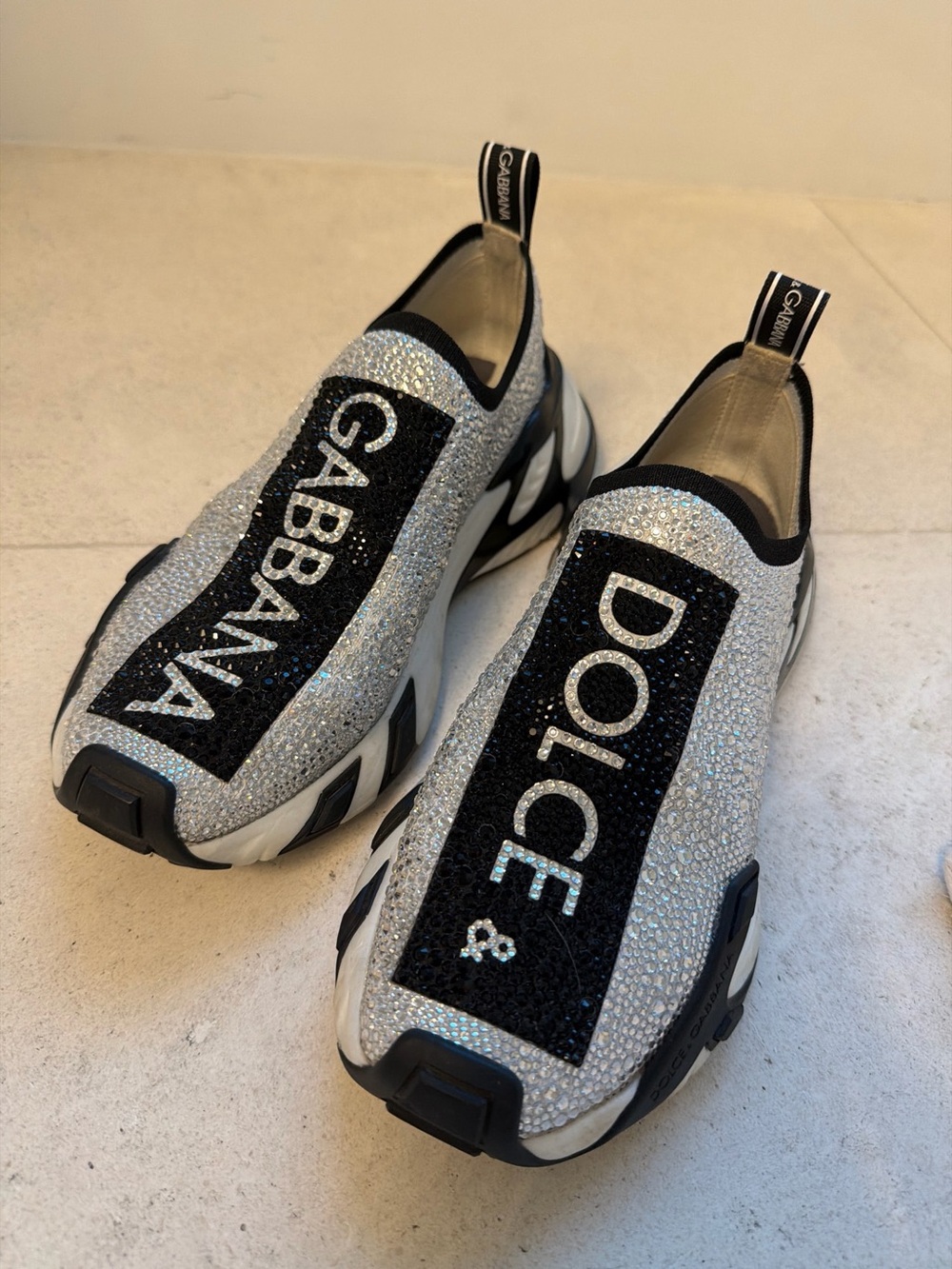 Dolce & Gabbana Silver and Black Crystal Slip-On Sneakers